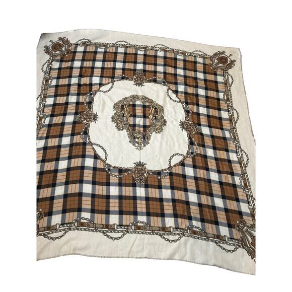 Women's large blanket scarf raw hem beige/tan/brown chain detail scrolling - Picture 1 of 8